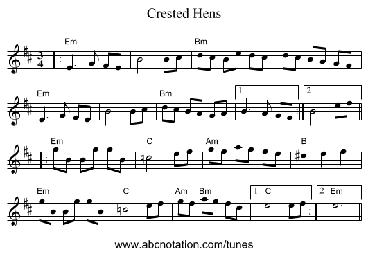 Crested Hens - staff notation