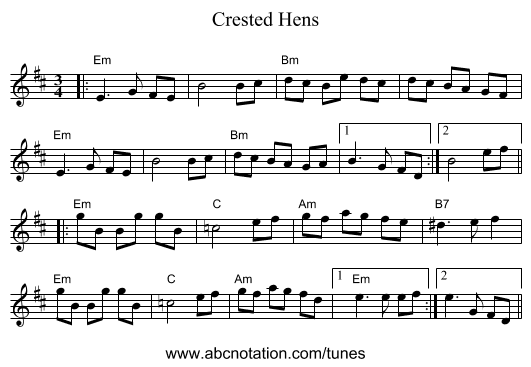 Crested Hens - staff notation