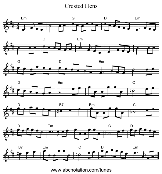 Crested Hens - staff notation
