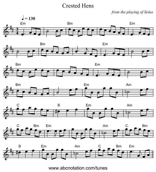 Crested Hens - staff notation