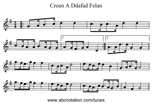 Croen A Ddafad Felan - staff notation