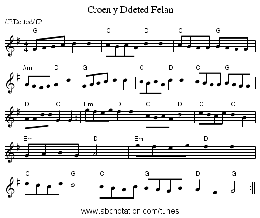Croen y Ddeted Felan - staff notation