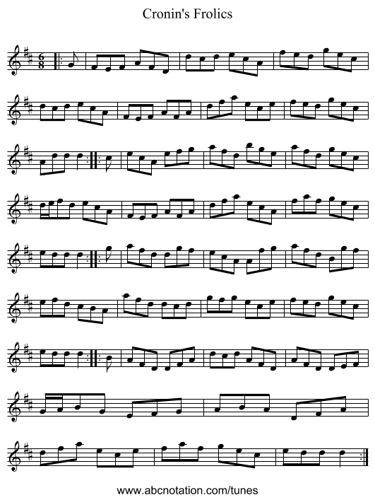 Cronin's Frolics - staff notation