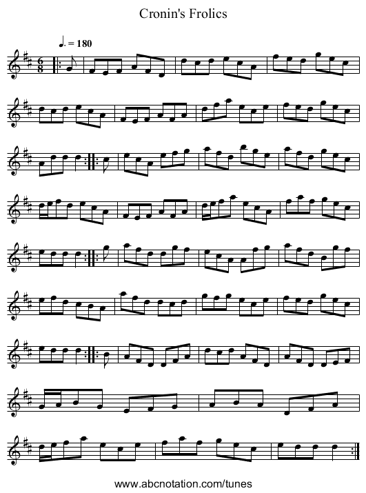 Cronin's Frolics - staff notation