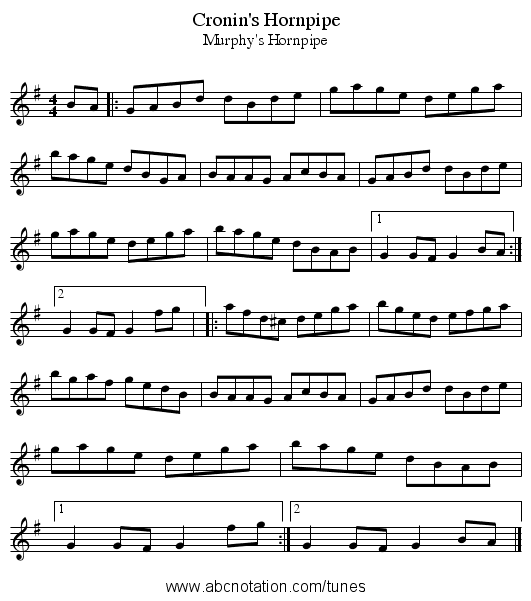 Cronin's Hornpipe - staff notation