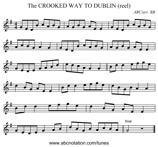 CROOKED WAY TO DUBLIN (reel), The - staff notation