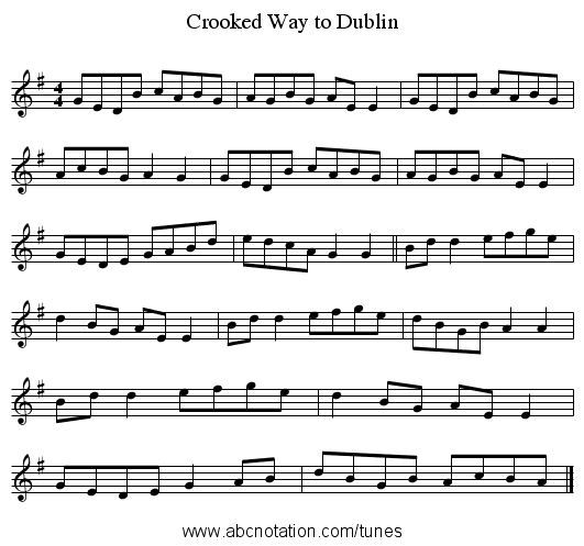 Crooked Way to Dublin - staff notation