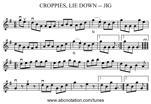 CROPPIES, LIE DOWN -- JIG - staff notation
