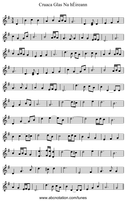 Cruaca Glas Na hÉireann - staff notation