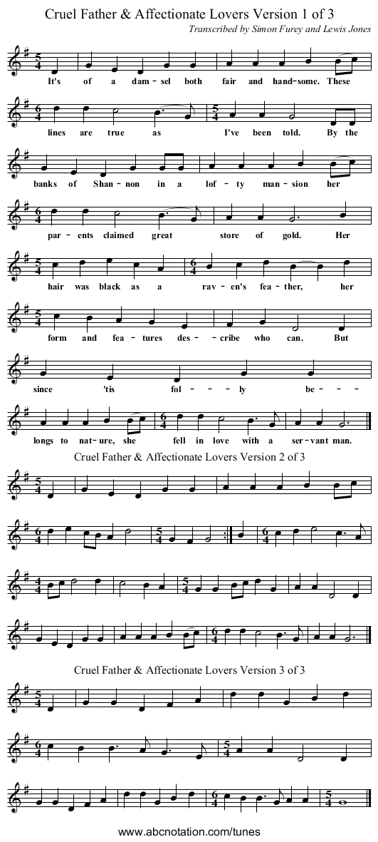 Cruel Father & Affectionate Lovers Version 1 of 3 - staff notation
