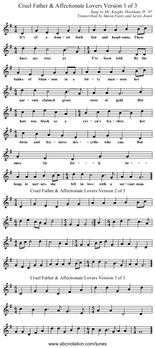 Cruel Father & Affectionate Lovers Version 1 of 3 - staff notation
