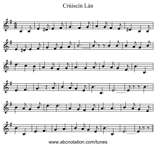 Crúiscín Lán - staff notation