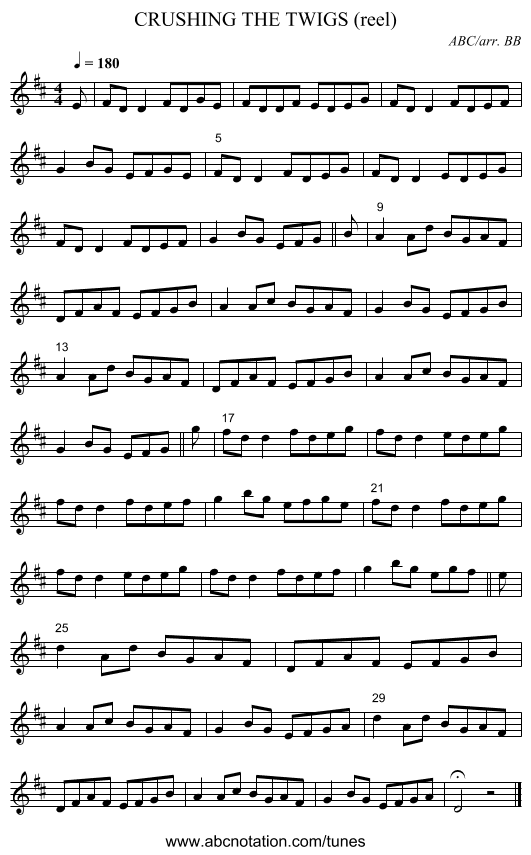 CRUSHING THE TWIGS (reel) - staff notation