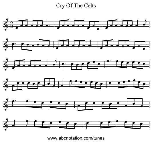 Cry Of The Celts - staff notation