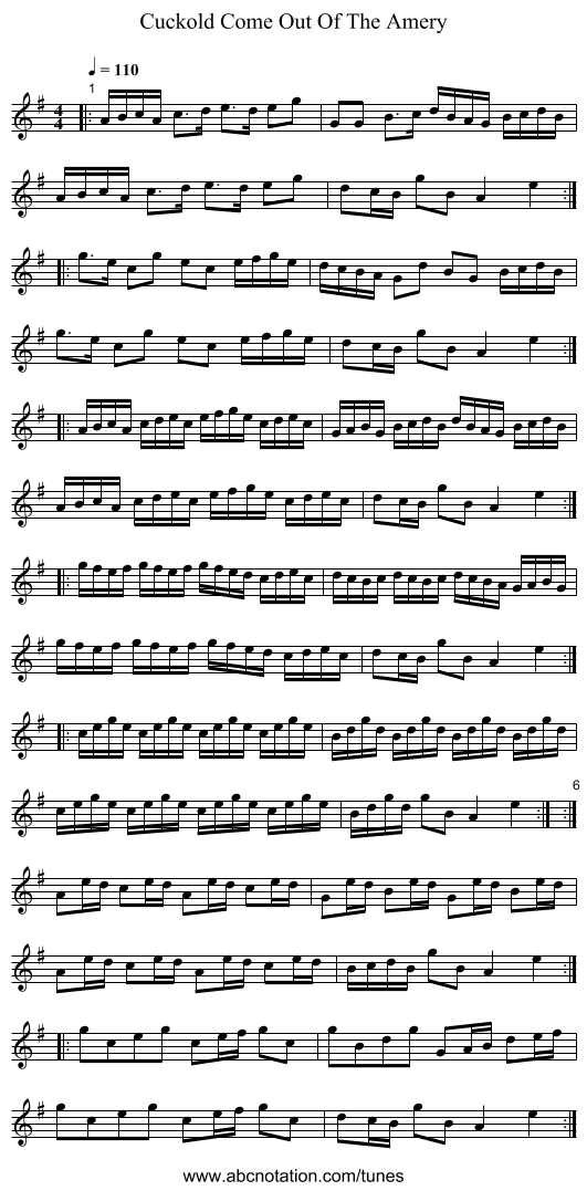 Cuckold Come Out Of The Amery - staff notation