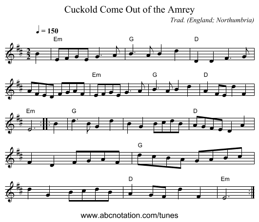 Cuckold Come Out of the Amrey - staff notation
