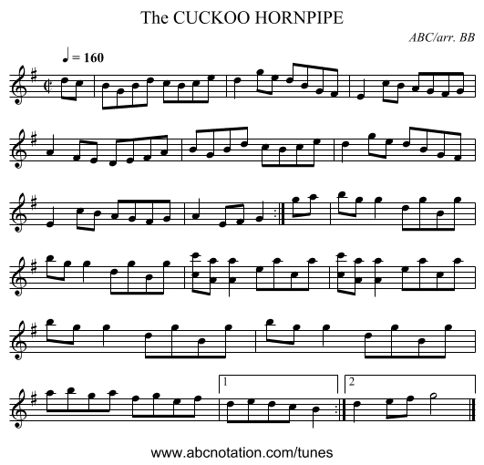 CUCKOO HORNPIPE, The - staff notation