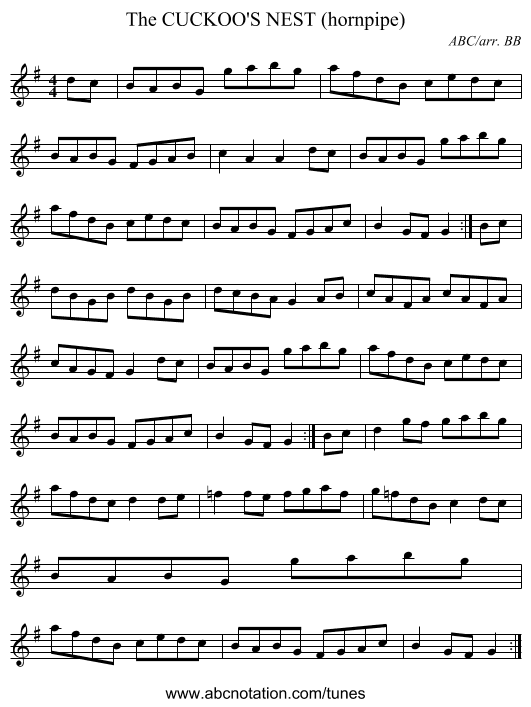 CUCKOO'S NEST (hornpipe), The - staff notation