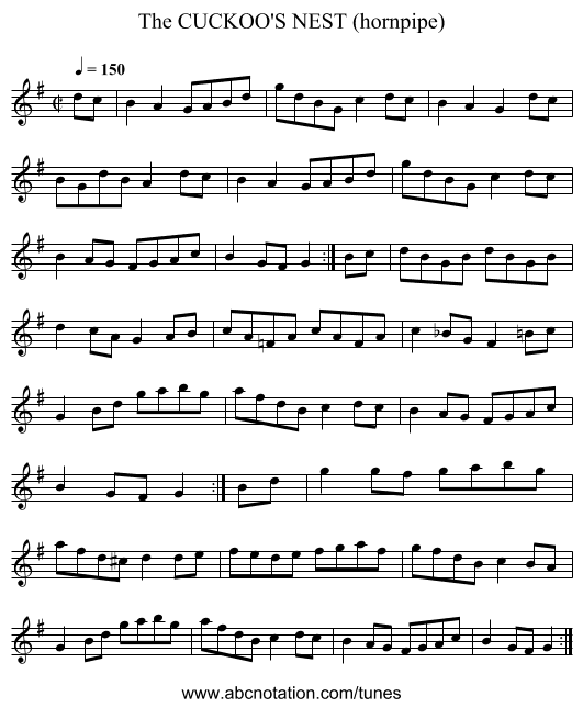 CUCKOO'S NEST (hornpipe), The - staff notation