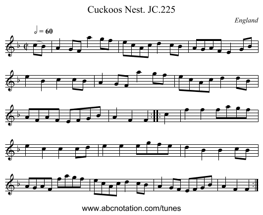 Cuckoos Nest. JC.225 - staff notation