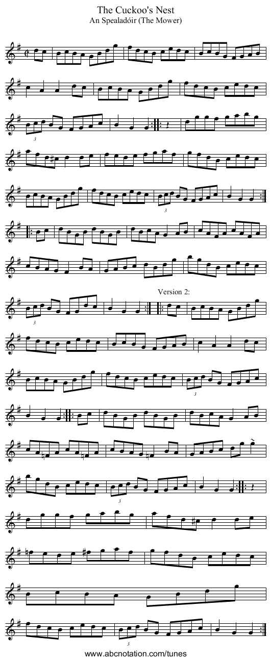 Cuckoo's Nest, The - staff notation