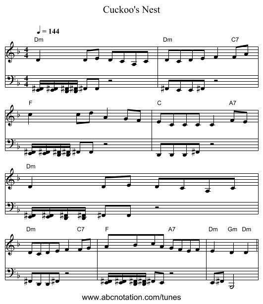 Cuckoo's Nest - staff notation