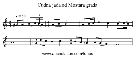 Cudna jada od Mostara grada - staff notation