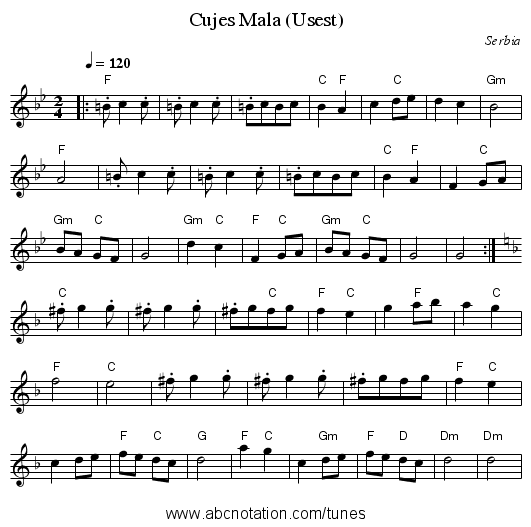 Cujes Mala (Usest) - staff notation