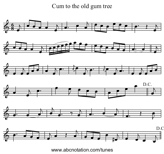Cum to the old gum tree - staff notation
