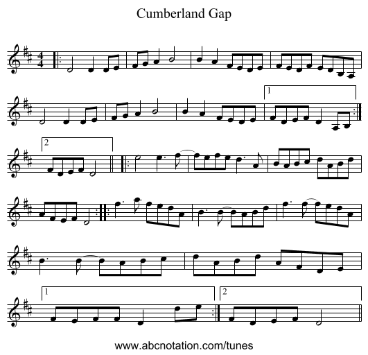 Cumberland Gap - staff notation