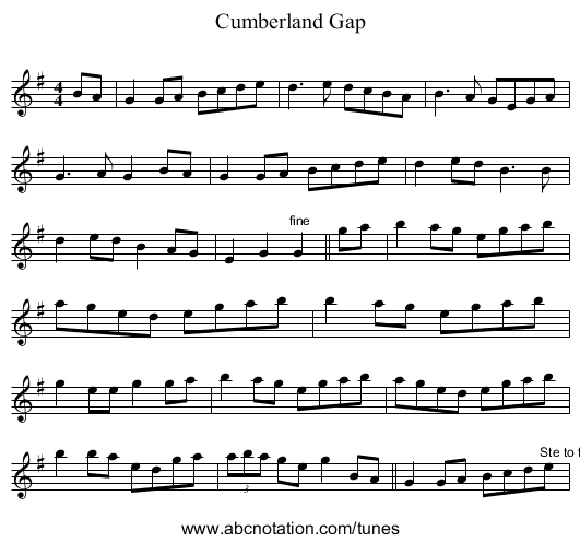 Cumberland Gap - staff notation