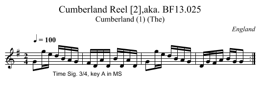 Cumberland Reel [2],aka. BF13.025 - staff notation