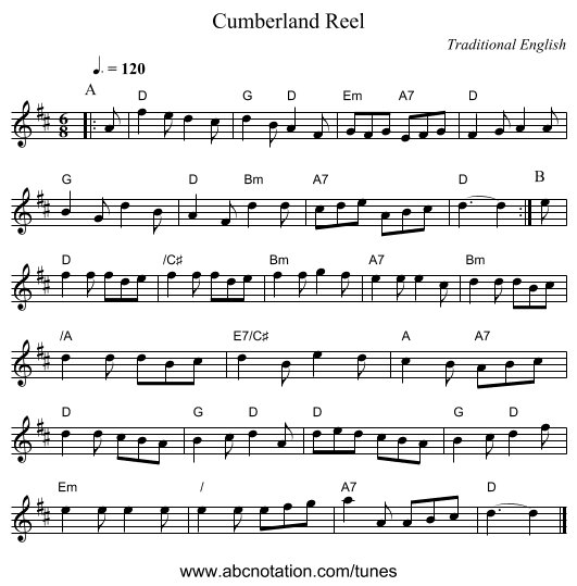 Cumberland Reel - staff notation