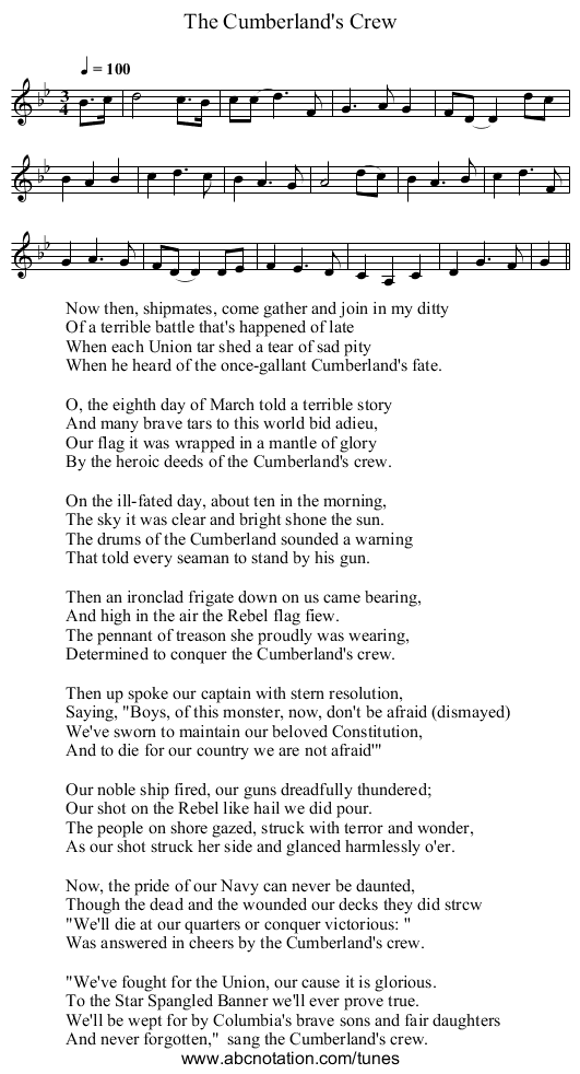 Cumberland's Crew, The - staff notation