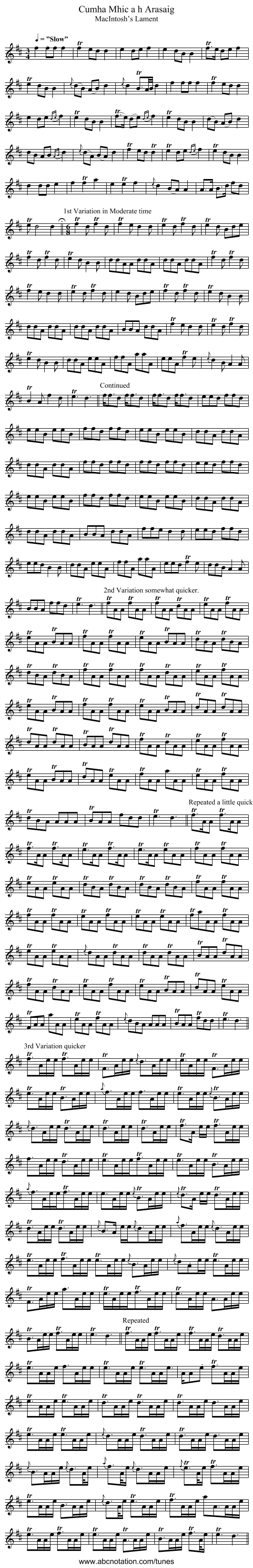 Cumha Mhic a h Arasaig - staff notation