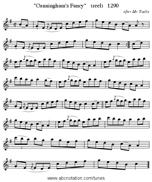 Cunningham's Fancy   (reel)   1290 - staff notation