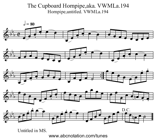 Cupboard Hornpipe,aka. VWMLa.194, The - staff notation