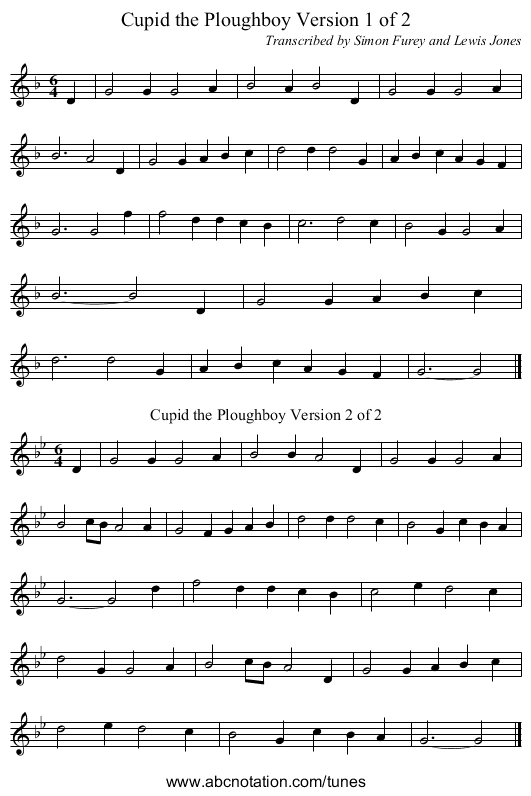 Cupid the Ploughboy Version 1 of 2 - staff notation