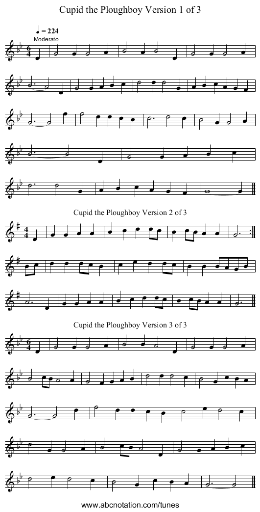 Cupid the Ploughboy Version 1 of 3 - staff notation