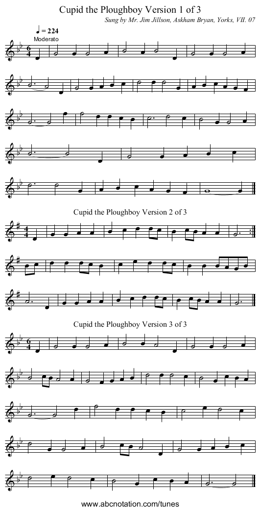 Cupid the Ploughboy Version 1 of 3 - staff notation