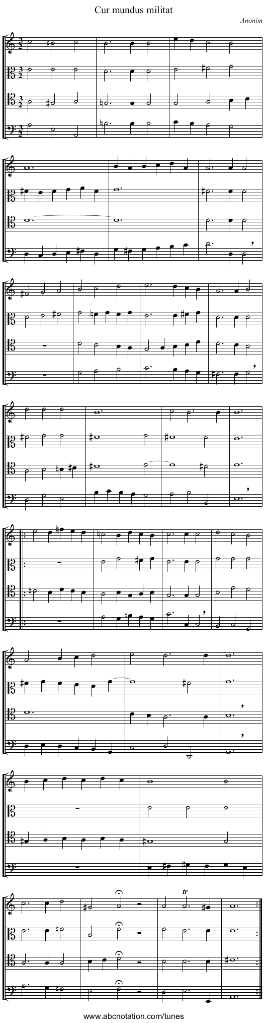 Cur mundus militat - staff notation