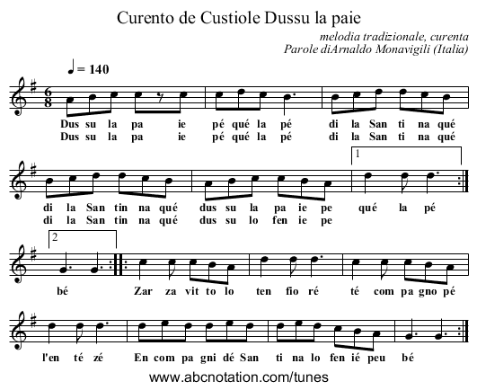 Curento de Custiole Dussu la paie - staff notation