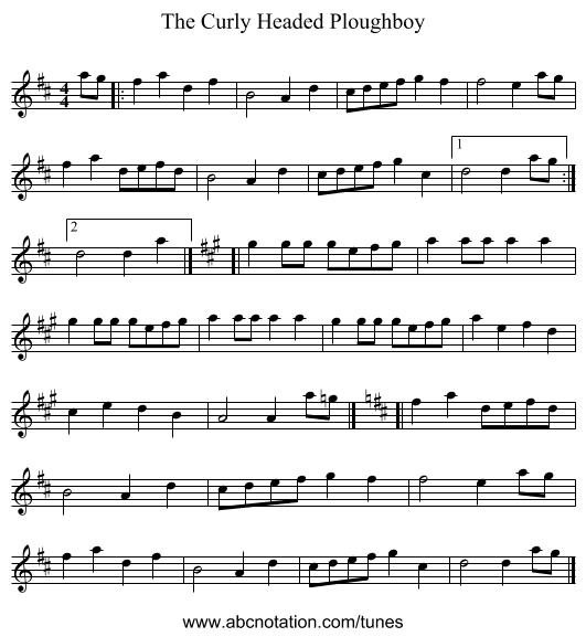 Curly Headed Ploughboy, The - staff notation