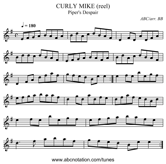 CURLY MIKE (reel) - staff notation