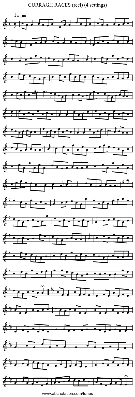 CURRAGH RACES (reel) (4 settings) - staff notation