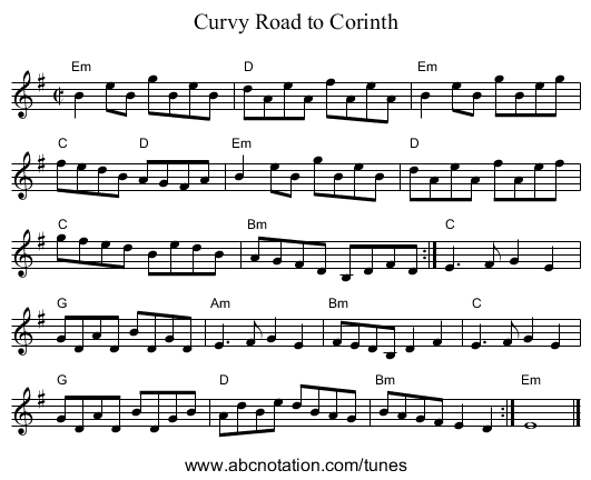 Curvy Road to Corinth - staff notation