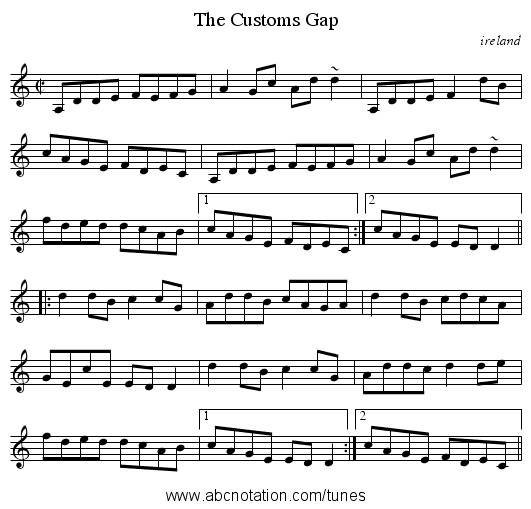 Customs Gap, The - staff notation