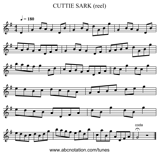 CUTTIE SARK (reel) - staff notation