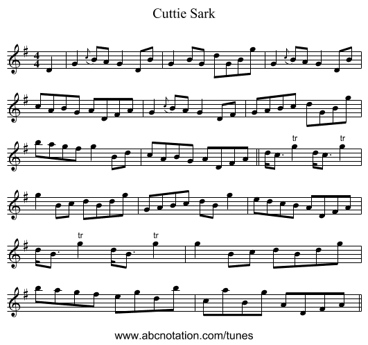 Cuttie Sark - staff notation