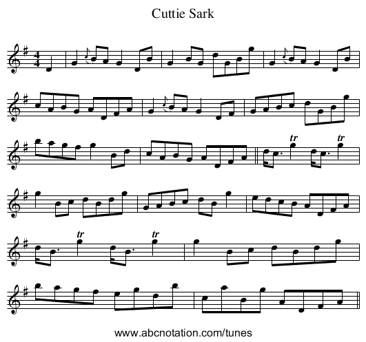 Cuttie Sark - staff notation